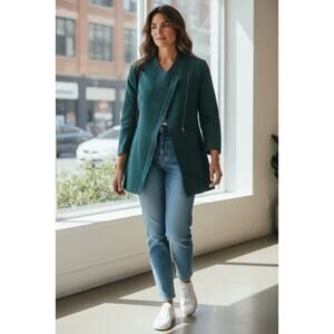 Eileen Fisher Merino wool zip up sweater jacket emerald green small petite